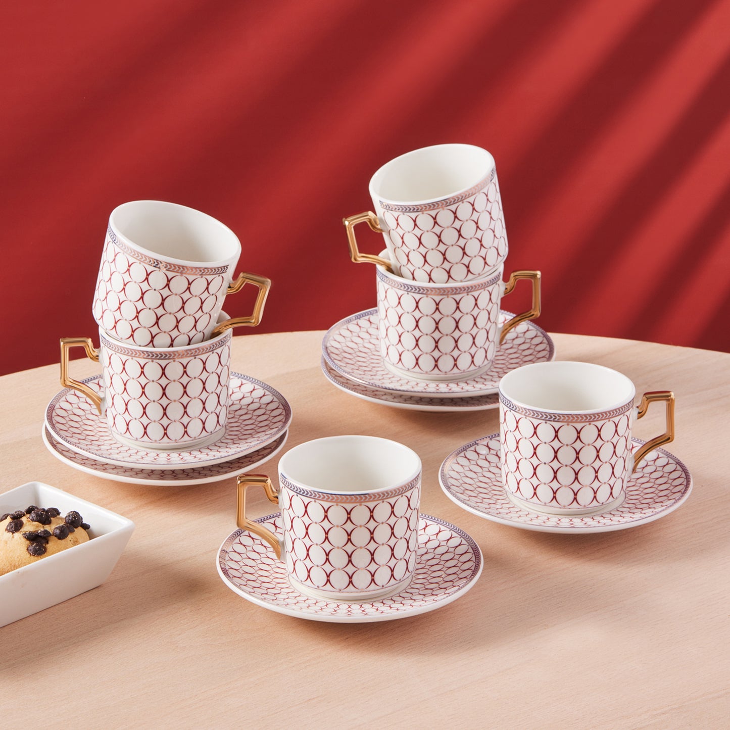 Karaca Jolly Red Ring Turkish Coffee Espresso Set for 6 people