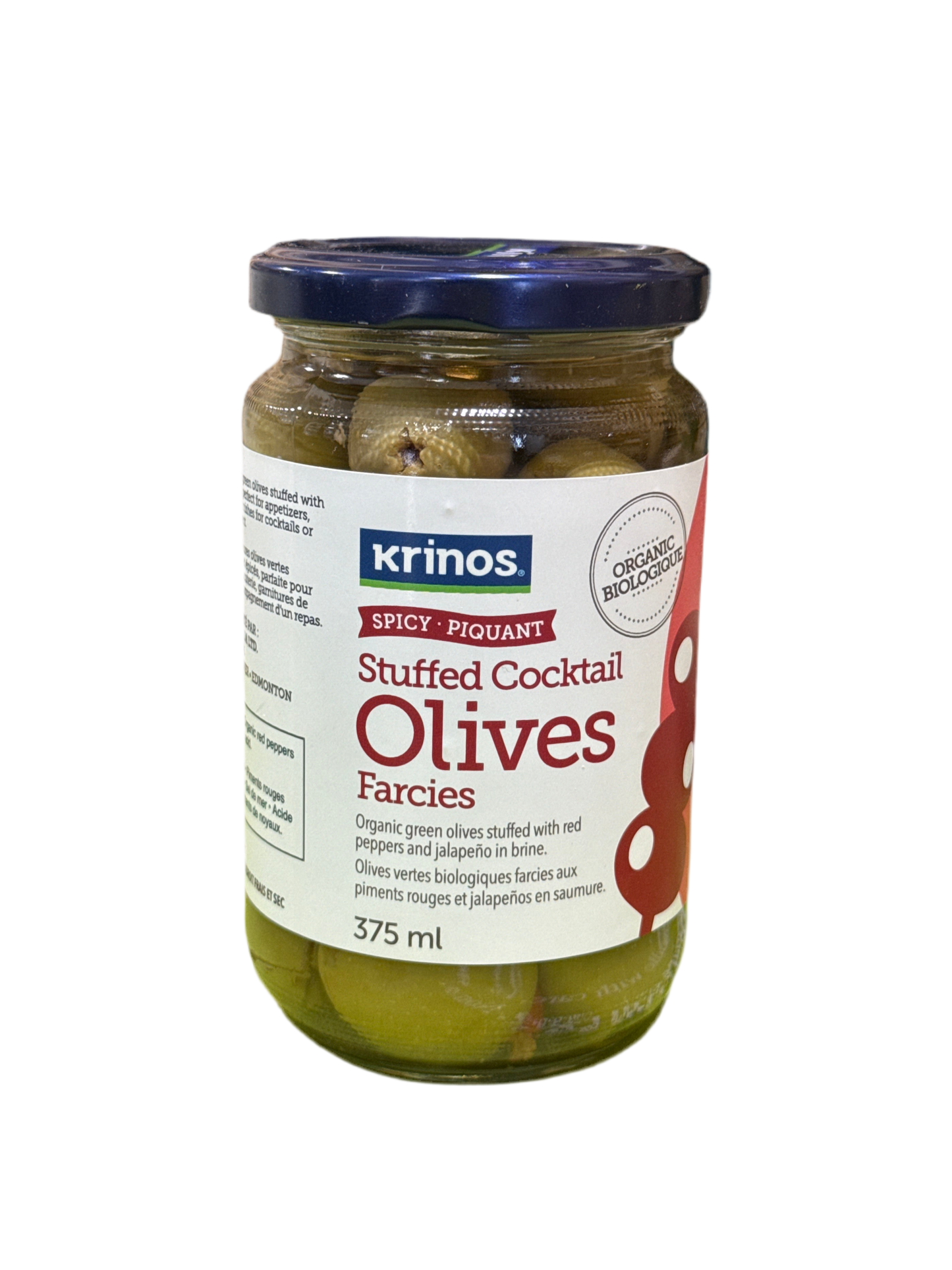 Krinos Organic Cocktail Olives stuffed with jalapeno and red peppers 375ml