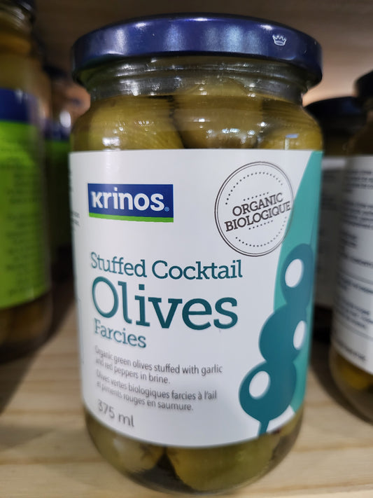 Krinos Organic Cocktail Olives stuffed with garlic and red peppers 375ml
