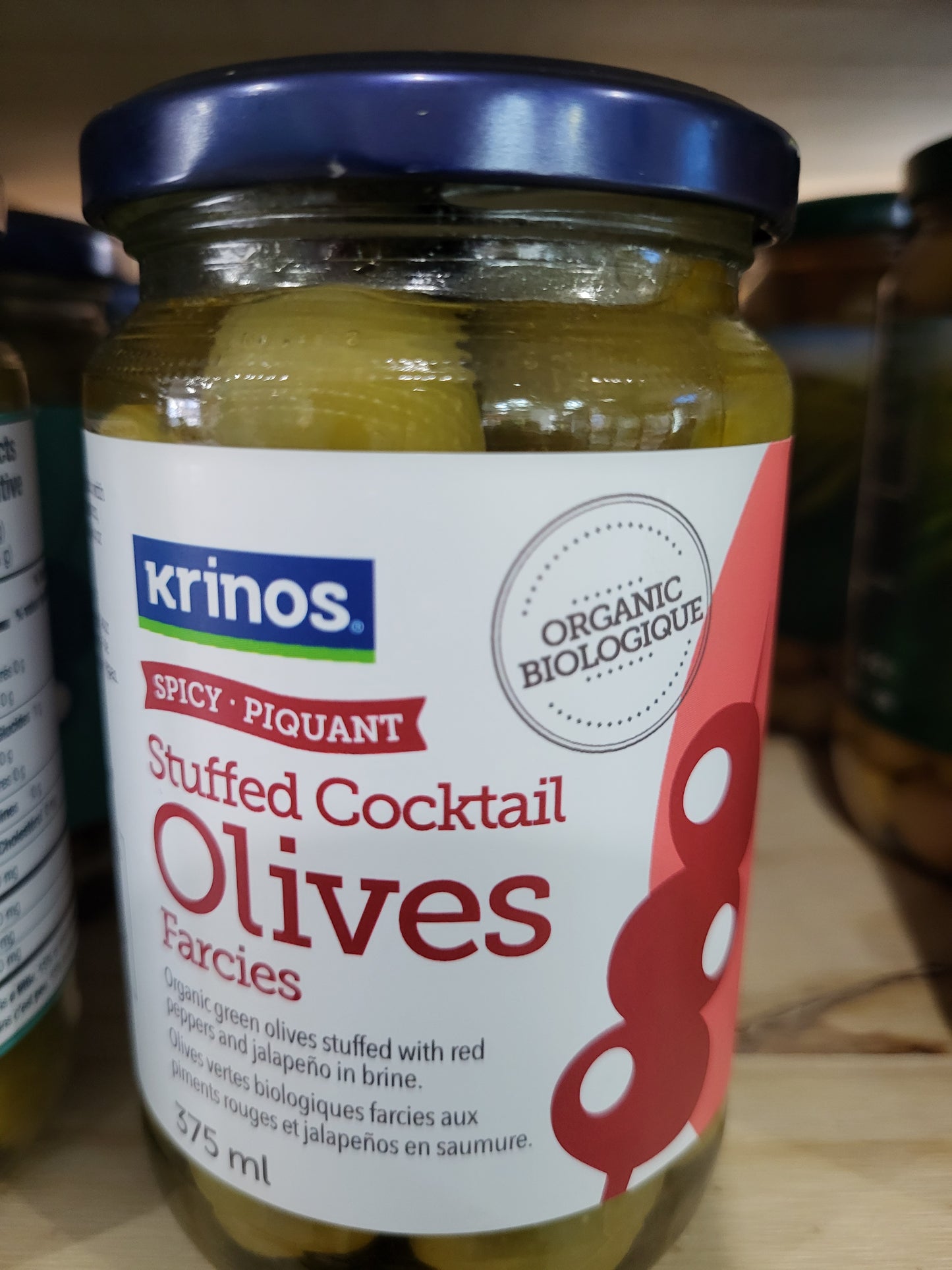 Krinos Organic Cocktail Olives stuffed with jalapeno and red peppers 375ml