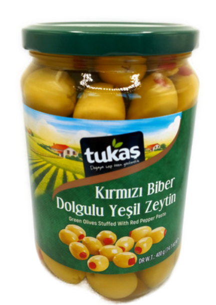 Tukas Green Olives Stuffed with red peppers 400g